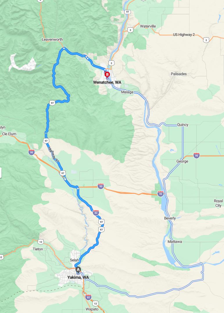 driving from Yakima, Washington to WenatcheeWashington - map and route
