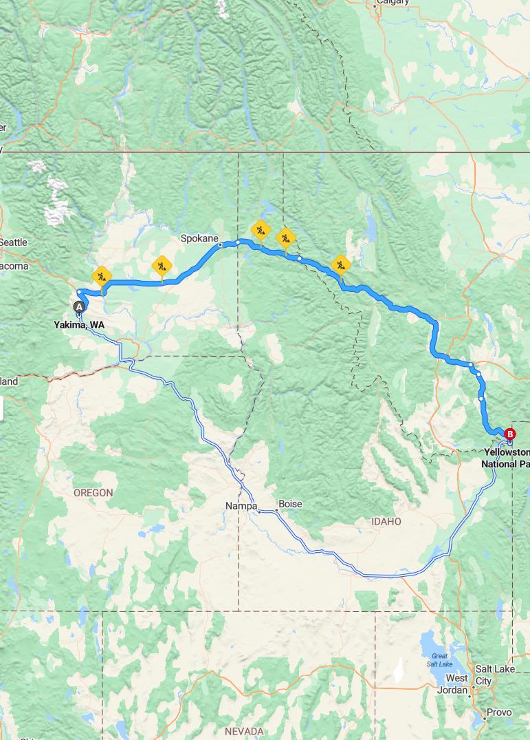 driving from Yakima, Washington to YellowstoneWyoming - map and route