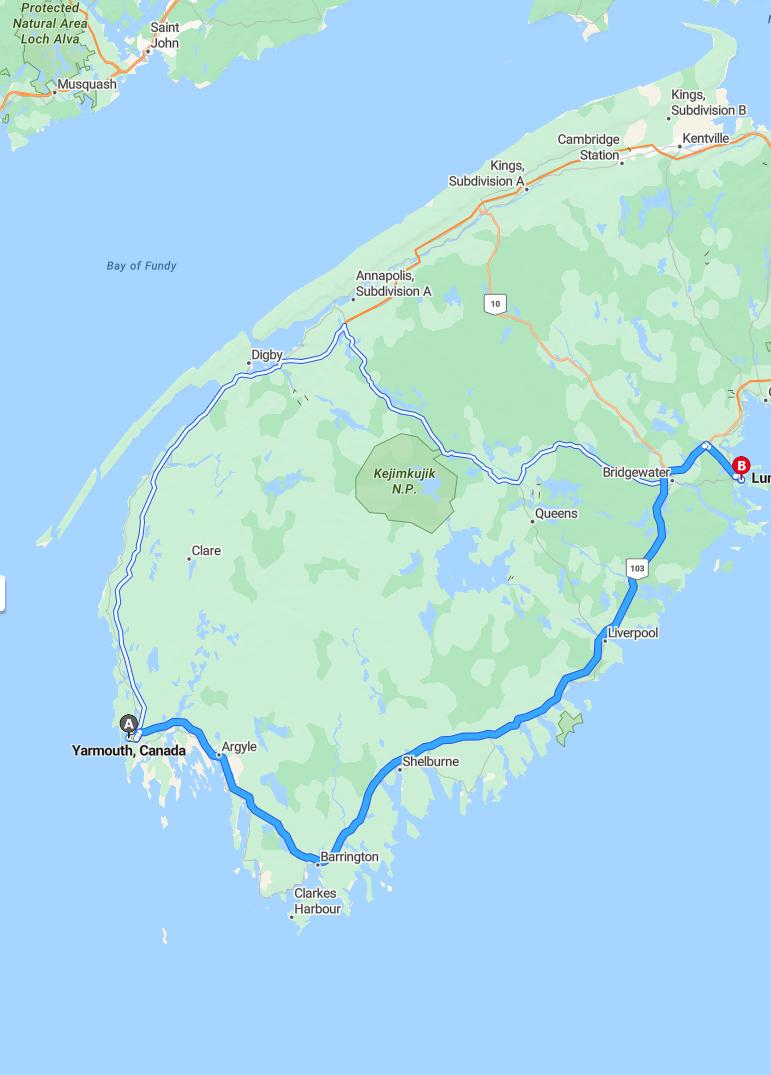 driving from Yarmouth, Nova Scotia to LunenburgNova Scotia - map and route