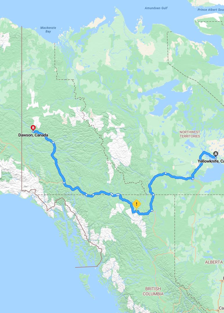 driving from Yellowknife, Northwest Territories to Dawson CityYukon - map and route