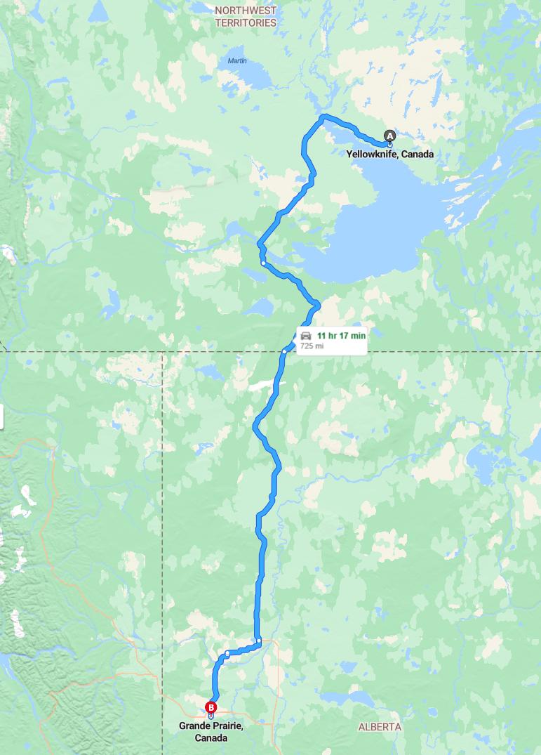 driving from Yellowknife, Northwest Territories to Grande PrairieAlberta - map and route