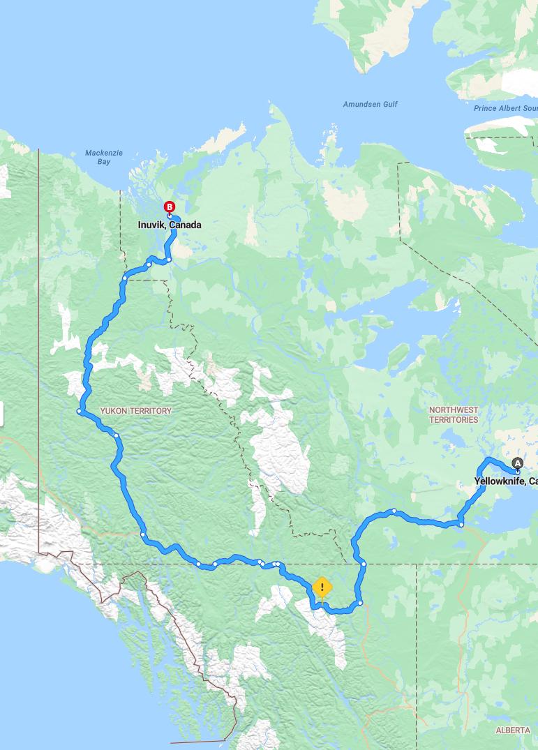 driving from Yellowknife, Northwest Territories to InuvikNorthwest Territories - map and route