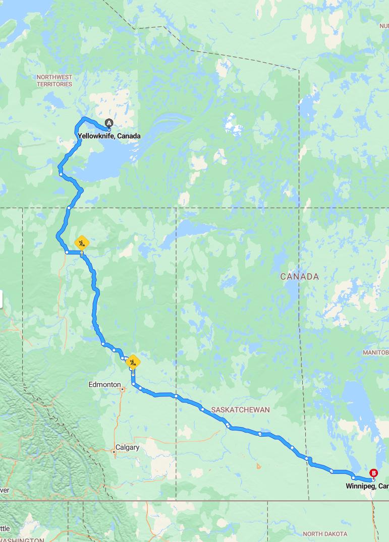 driving from Yellowknife, Northwest Territories to WinnipegManitoba - map and route