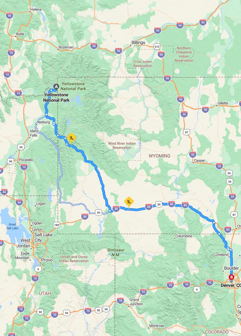 driving from Yellowstone National Park, Wyoming to DenverColorado - map and route