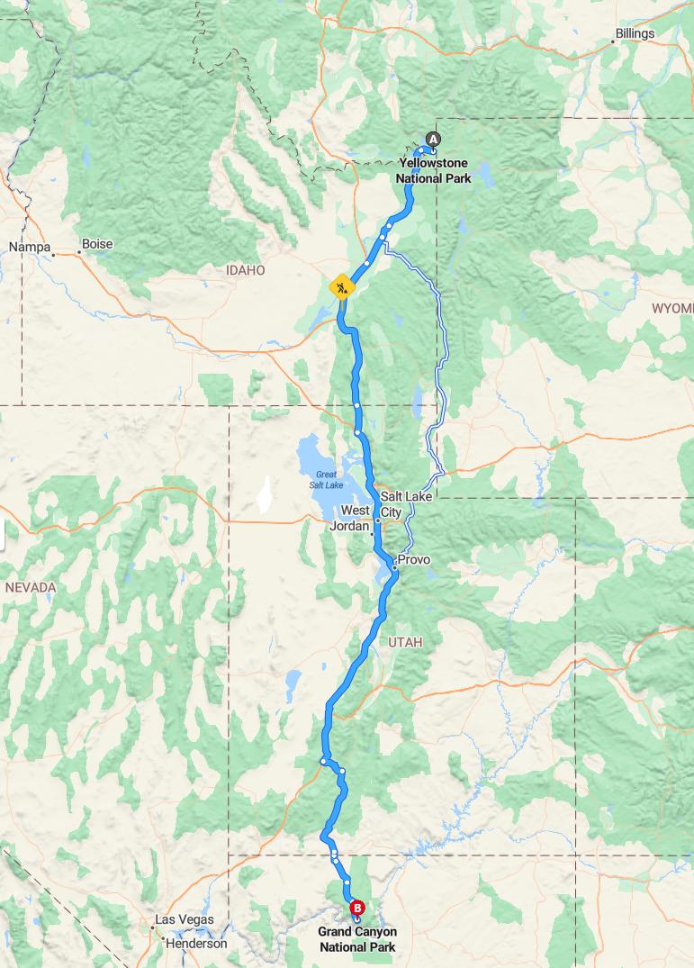 driving from Yellowstone National Park, Wyoming to Grand Canyon National ParkArizona - map and route