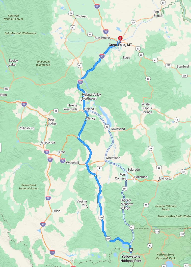driving from Yellowstone National Park, Wyoming to Great FallsMontana - map and route