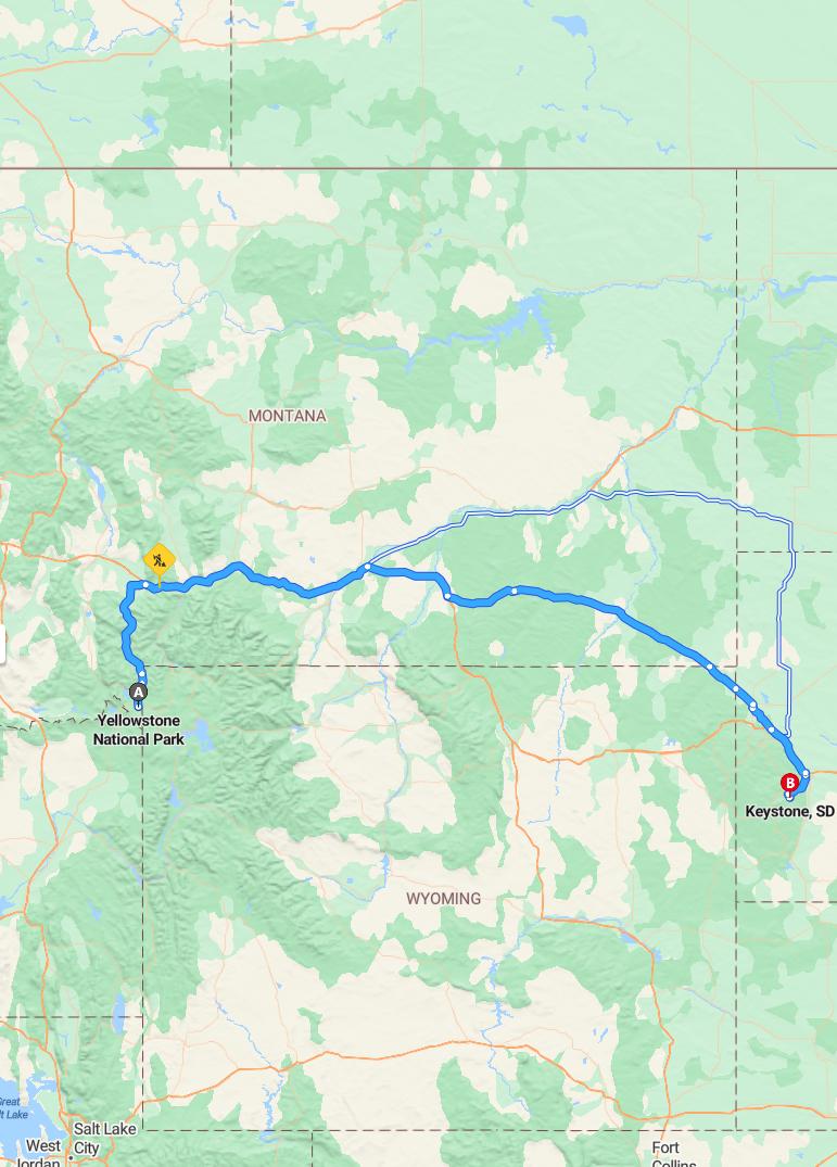 driving from Yellowstone National Park, Wyoming to KeystoneSouth Dakota - map and route