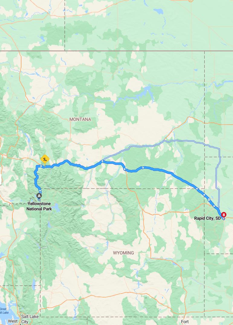 driving from Yellowstone National Park, Wyoming to Rapid CitySouth Dakota - map and route