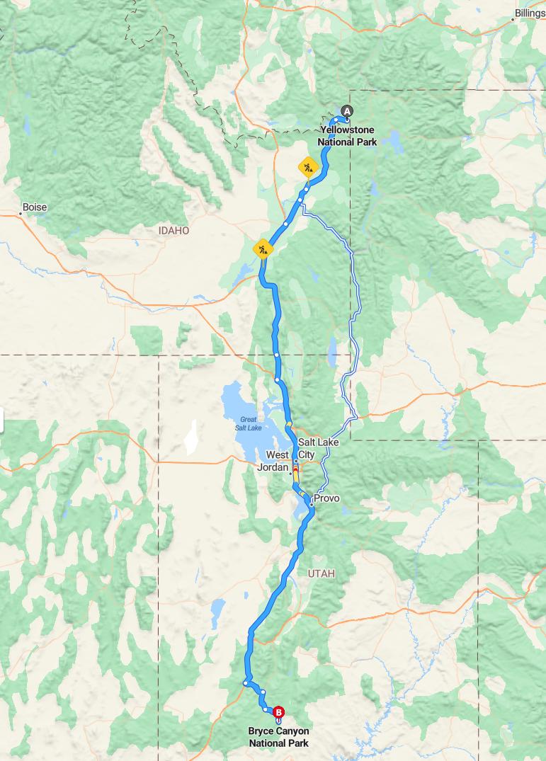 driving from Yellowstone, Wyoming to Bryce CanyonUtah - map and route