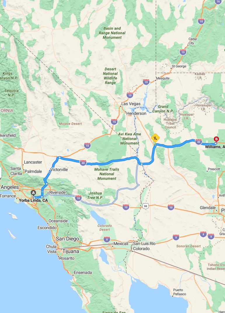 driving from Yorba Linda, California to WilliamsArizona - map and route