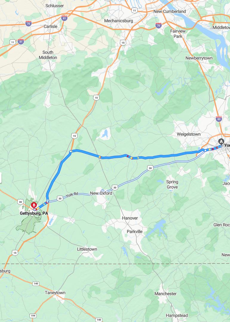 driving from York, Pennsylvania to GettysburgPennsylvania - map and route