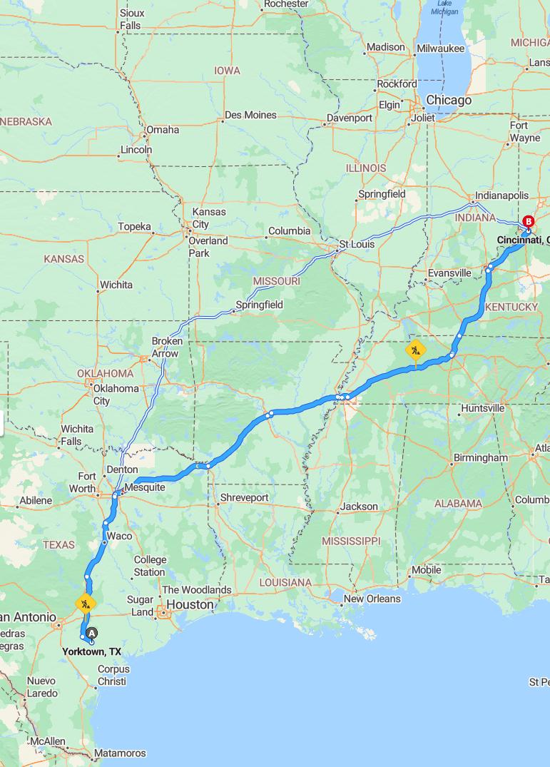driving from Yorktown, Texas to CincinnatiOhio - map and route