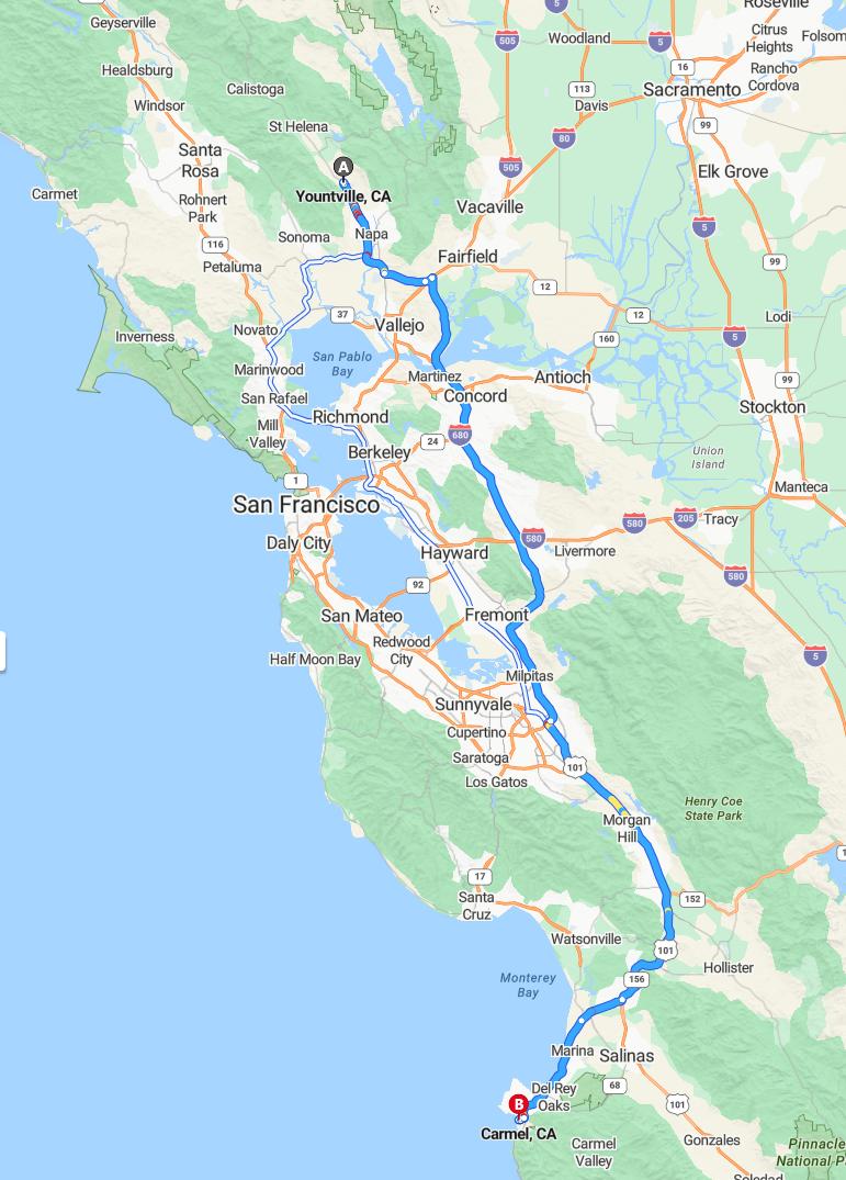 driving from Yountville, California to CarmelCalifornia - map and route