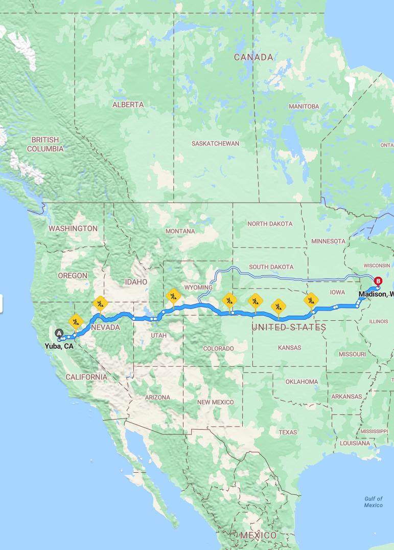 driving from Yuba, California to MadisonWisconsin - map and route