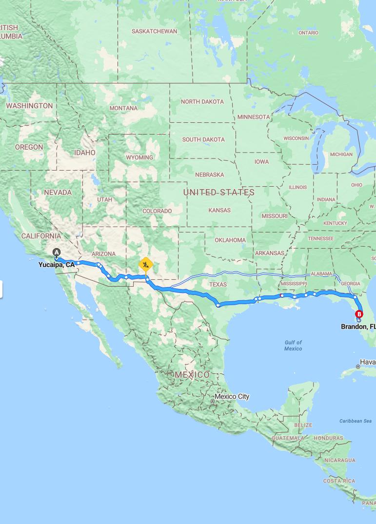 driving from Yucaipa, California to BrandonFlorida - map and route