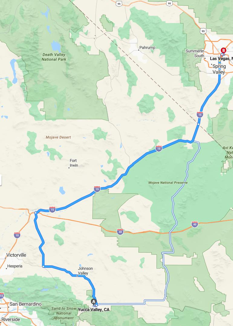 driving from Yucca Valley, California to Las VegasNevada - map and route