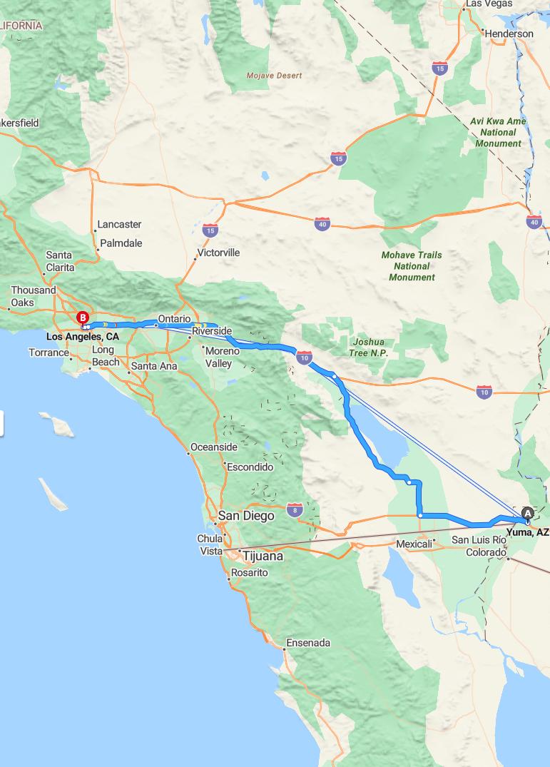 driving from Yuma, Arizona to Los AngelesCalifornia - map and route