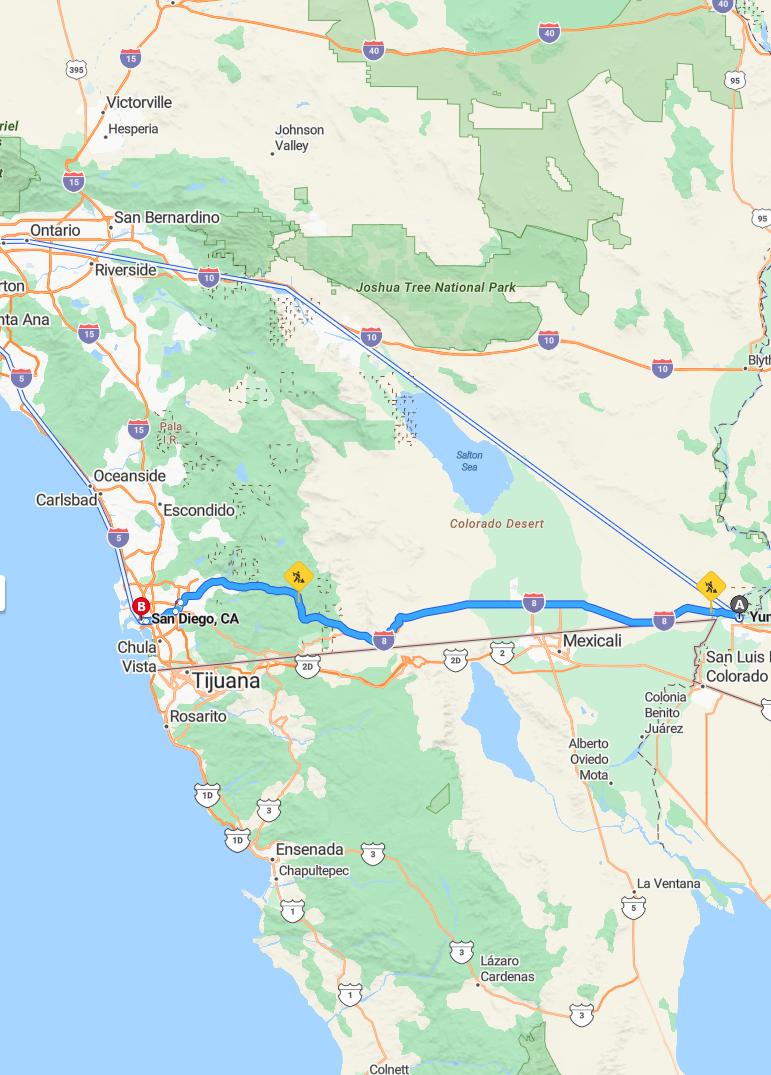 driving from Yuma, Arizona to San DiegoCalifornia - map and route