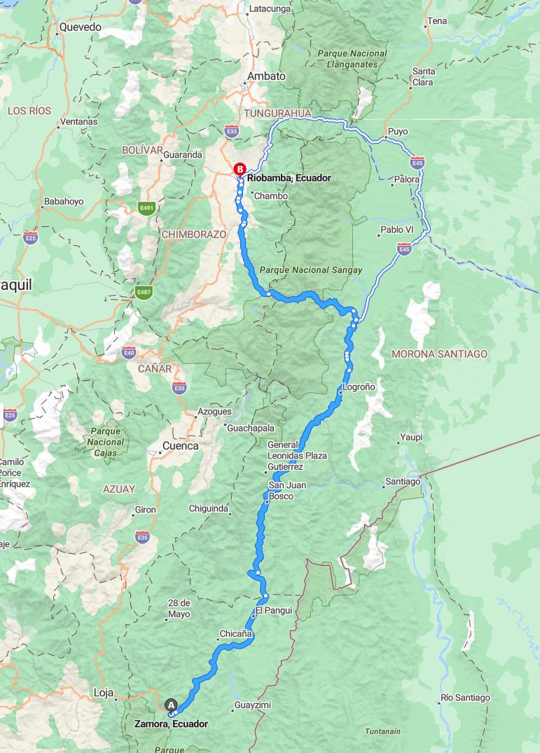 driving from Zamora, Ecuador to RiobambaEcuador - map and route