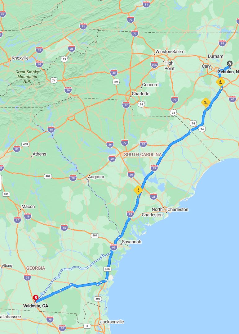 driving from Zebulon, North Carolina to ValdostaGeorgia - map and route