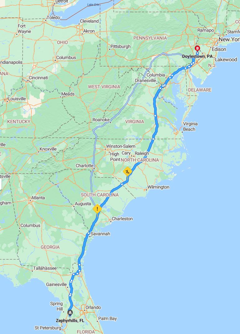 driving from Zephyrhills, Florida to DoylestownPennsylvania - map and route