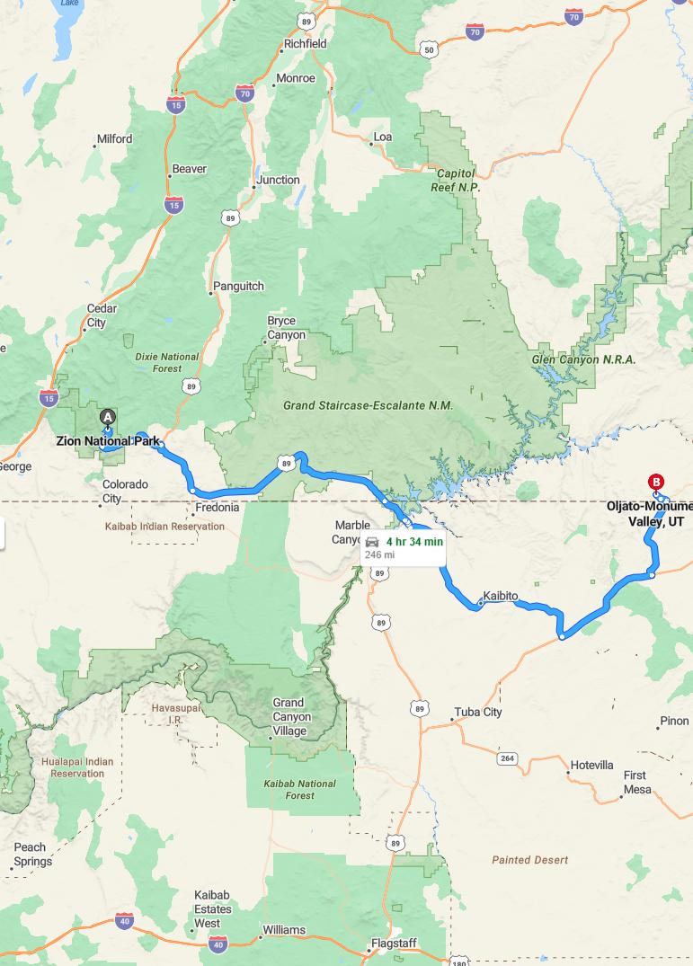 driving from Zion National Park, Utah to Monument ValleyUtah - map and route