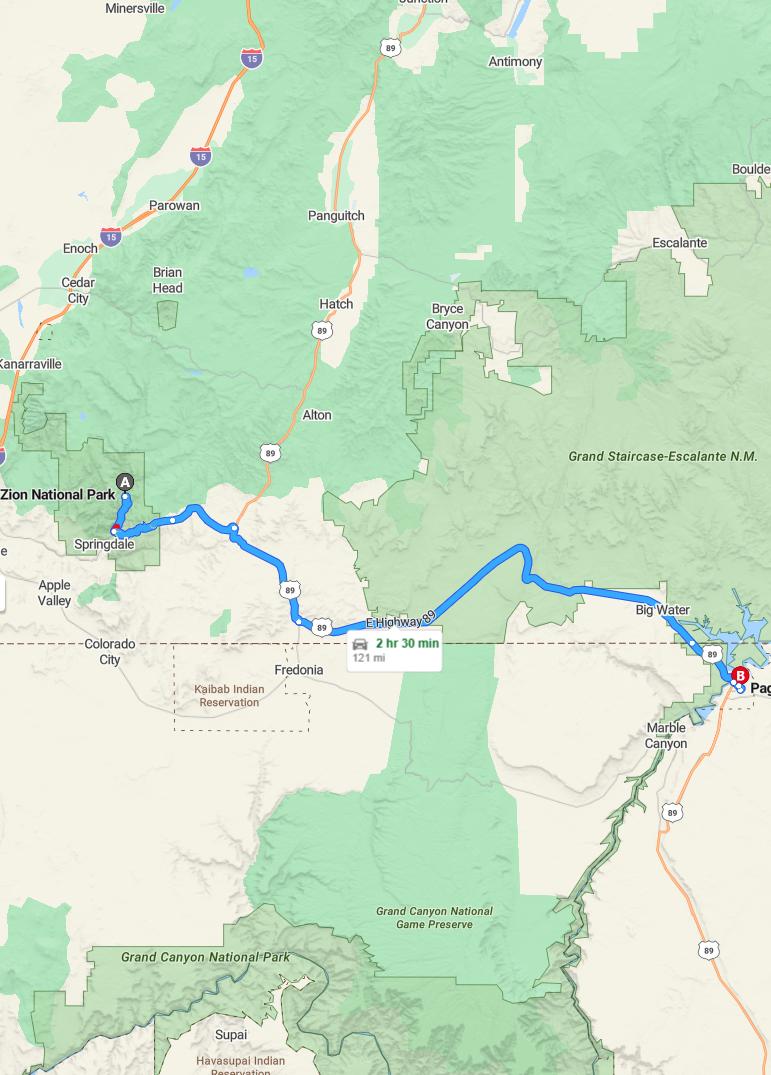 driving from Zion National Park, Utah to PageArizona - map and route
