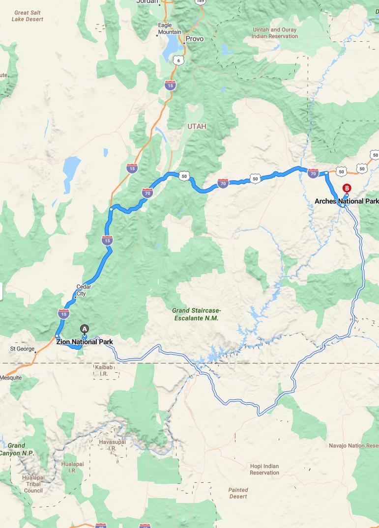 driving from Zion, Utah to ArchesUtah - map and route