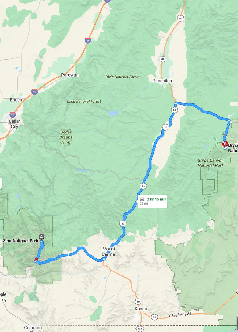 driving from Zion, Utah to Bryce CanyonUtah - map and route