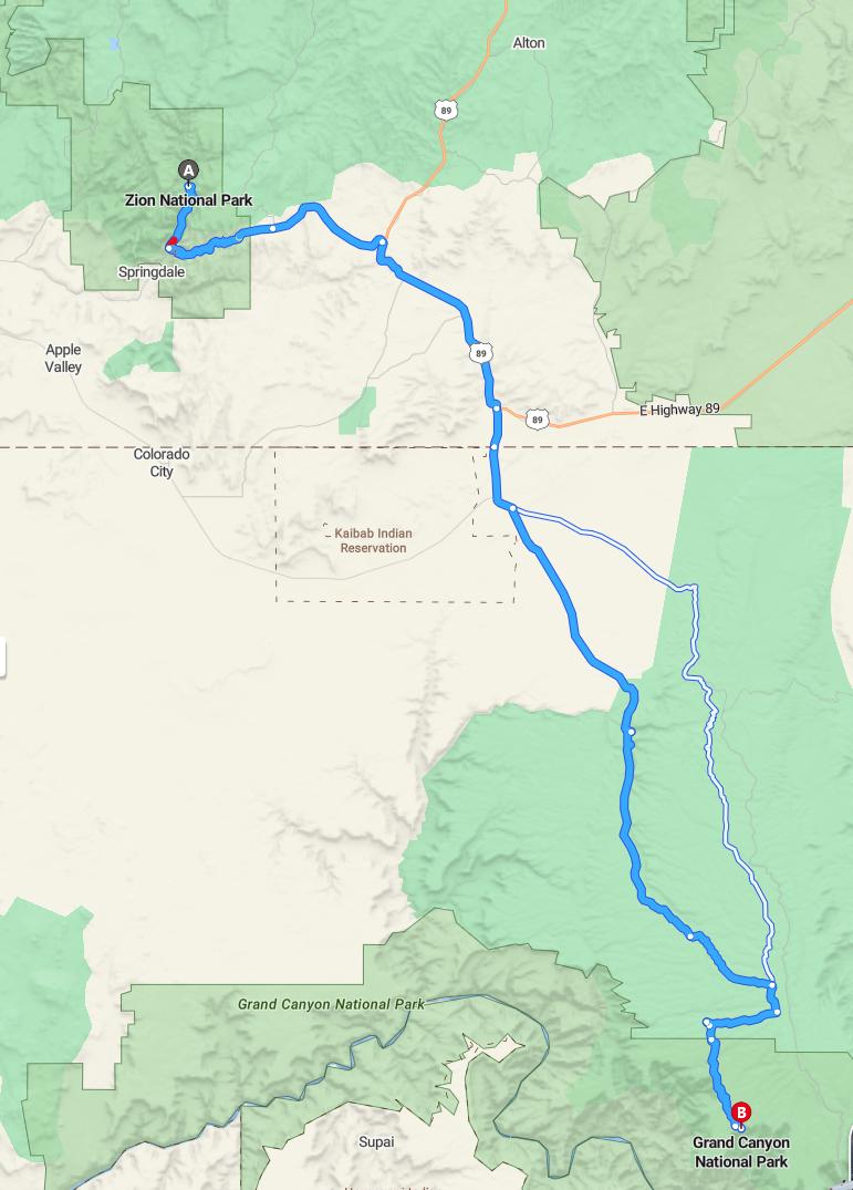 driving from Zion, Utah to Grand CanyonArizona - map and route