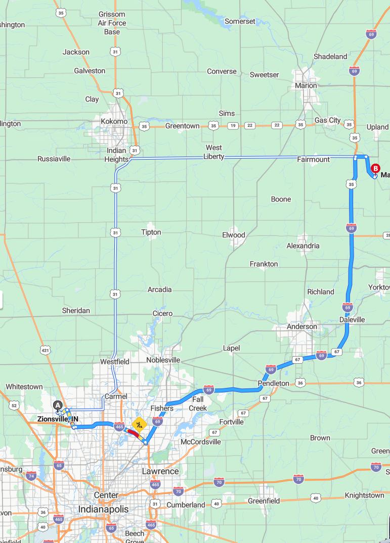 driving from Zionsville, Indiana to MatthewsIndiana - map and route